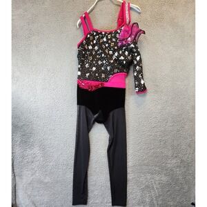 Weissman Dance Leotard Costume Girls Size XLC One Sleeve Pink Black Sparkle‎